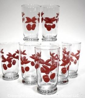 Vintage Set of Seven (7) Libbey Glass Tumblers with Red Cherrys,  Swanky Swig 