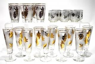 Mid-Century Modern Barware Set of Frosted Gold Maple Leaf Libbey Glasses & Tumblers