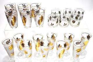 Mid-Century Modern Barware Set of Frosted Gold Maple Leaf Libbey Glasses & Tumblers