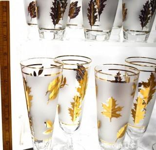 Mid-Century Modern Barware Set of Frosted Gold Maple Leaf Libbey Glasses & Tumblers