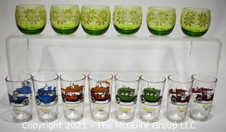 Two (2) Sets of Vintage Glassware.  Includes Hazel Atlas Gay Nineties Car Tumblers & Green Daisy Glasses. 