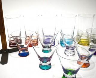 Set of Clear Martini and High Ball Glasses with Bright Color Bases.  