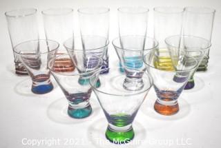 Set of Clear Martini and High Ball Glasses with Bright Color Bases.  