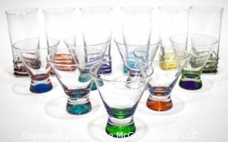 Set of Clear Martini and High Ball Glasses with Bright Color Bases.  