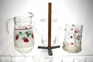 Collection of Strawberry Glass Pitcher and Beer Pilsners.