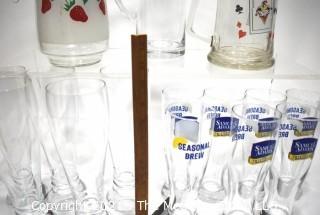 Collection of Strawberry Glass Pitcher and Beer Pilsners.