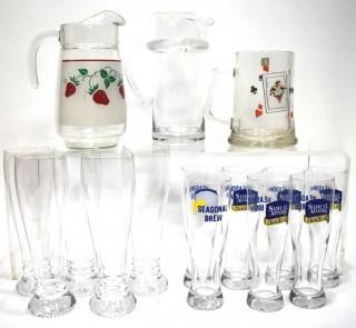 Collection of Strawberry Glass Pitcher and Beer Pilsners.