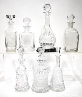 Seven (7) Clear Glass & Crystal Bar Liquor Decanters with Stoppers