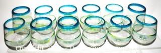 Set of Twelve (12) Hand Blown Made in Mexico Glass Tumblers with Blue Rim and Green Decoration 