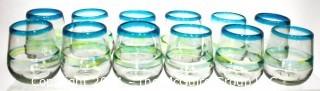 Set of Twelve (12) Hand Blown Made in Mexico Glass Tumblers with Blue Rim and Green Decoration 