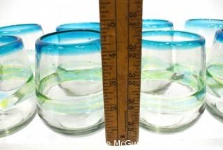 Set of Twelve (12) Hand Blown Made in Mexico Glass Tumblers with Blue Rim and Green Decoration 