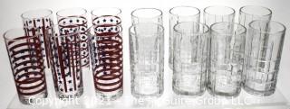 Set of Red, White & Blue Stars & Stripe and Clear Etched Glass Bar Tumblers