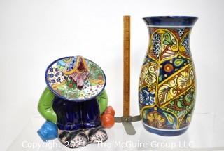 Two (2) Mexican Hand Painted Talavera Pottery Items.  Includes Sleeping Siesta Sombrero Man & Tall Vase. 