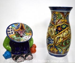 Two (2) Mexican Hand Painted Talavera Pottery Items.  Includes Sleeping Siesta Sombrero Man & Tall Vase. 