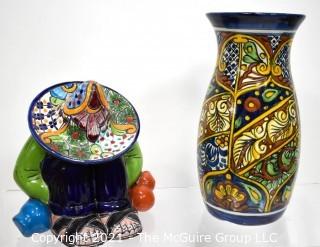 Two (2) Mexican Hand Painted Talavera Pottery Items.  Includes Sleeping Siesta Sombrero Man & Tall Vase. 