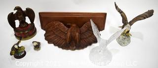 Group of Eagle Themed Items Including Carved Wooden Shelf and Statue, Crystal Statue, and Porcelain Figurines