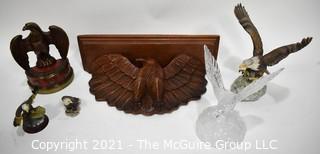 Group of Eagle Themed Items Including Carved Wooden Shelf and Statue, Crystal Statue, and Porcelain Figurines