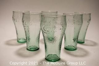 Set of (6) Green Wavy Glass Coca-Cola Glasses  