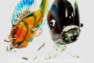 Two (2) Hand Blown Murano Style Glass Fish Sculture or Bookends