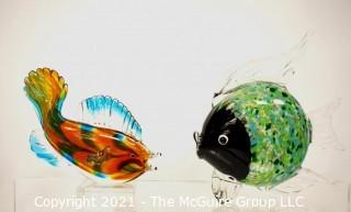 Two (2) Hand Blown Murano Style Glass Fish Sculture or Bookends