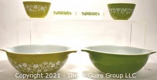 Group of Vintage Pyrex Bowls Including Green Spring Blossom Mixing Bowl