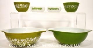 Group of Vintage Pyrex Bowls Including Green Spring Blossom Mixing Bowl