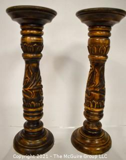 Pair of Carved Wooden Candle Sticks. 