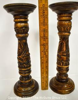 Pair of Carved Wooden Candle Sticks. 