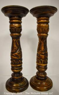 Pair of Carved Wooden Candle Sticks. 