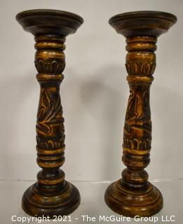 Pair of Carved Wooden Candle Sticks. 