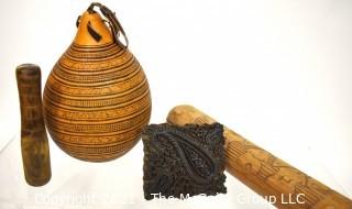 Four (4) Carved Wooden Items Including Batik Press, Mancala Games, Gourd and Mallet