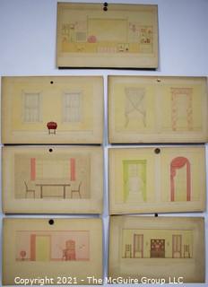 Vintage 1930's Hand Drawn Interior Design Plans By Butterworth Mounted on Picture Board. 