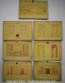 Vintage 1930's Hand Drawn Interior Design Plans By Butterworth Mounted on Picture Board. 