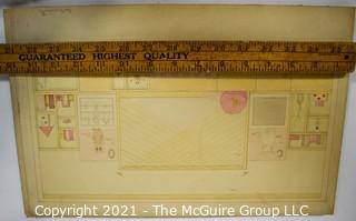 Vintage 1930's Hand Drawn Interior Design Plans By Butterworth Mounted on Picture Board. 