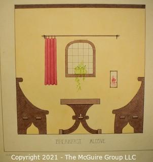 Vintage 1930's Hand Drawn Interior Design Plans By Butterworth Mounted on Picture Board. 