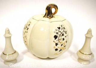 Lenox Porcelain Pierced Pumpkin Jar with Lid and Two Salt & Pepper Shakers.