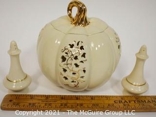 Lenox Porcelain Pierced Pumpkin Jar with Lid and Two Salt & Pepper Shakers.