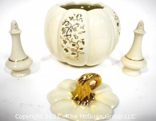 Lenox Porcelain Pierced Pumpkin Jar with Lid and Two Salt & Pepper Shakers.