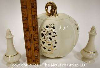 Lenox Porcelain Pierced Pumpkin Jar with Lid and Two Salt & Pepper Shakers.