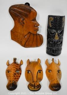 Assorted Ethnographic African Wood Carvings Includes Profile, Masks and Giraffes 