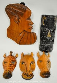 Assorted Ethnographic African Wood Carvings Includes Profile, Masks and Giraffes 