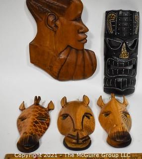 Assorted Ethnographic African Wood Carvings Includes Profile, Masks and Giraffes 