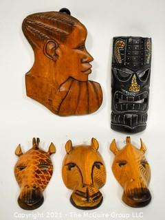 Assorted Ethnographic African Wood Carvings Includes Profile, Masks and Giraffes 