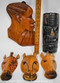 Assorted Ethnographic African Wood Carvings Includes Profile, Masks and Giraffes 