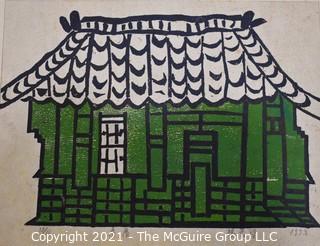 Japanese Wood Block on Hand Rolled Paper of Green House, Signed & Numbered 1973