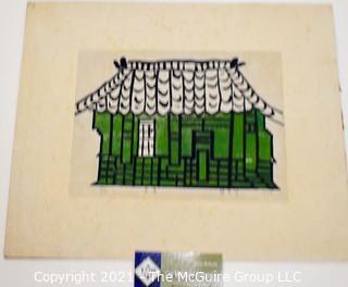 Japanese Wood Block on Hand Rolled Paper of Green House, Signed & Numbered 1973