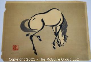 Unframed Asian Print of Horse on Paper with Chop Mark and Pencil Signature.  Paper is fragile.