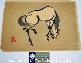 Unframed Asian Print of Horse on Paper with Chop Mark and Pencil Signature.  Paper is fragile.