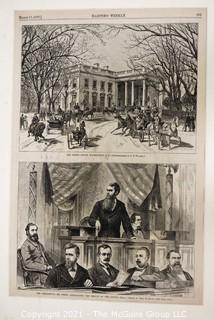 Page from Harper's Weekly Dated March 17th, 1877 Featuring Illustrations of The White House, Washington, D.C. and  The Presidency- Mr. Ferry Announcing the Result of the Count.