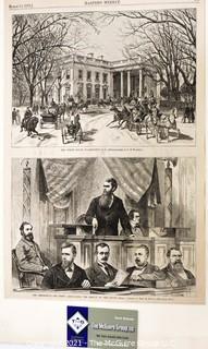 Page from Harper's Weekly Dated March 17th, 1877 Featuring Illustrations of The White House, Washington, D.C. and  The Presidency- Mr. Ferry Announcing the Result of the Count.